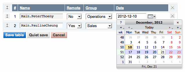 Edit Table Calendar Example